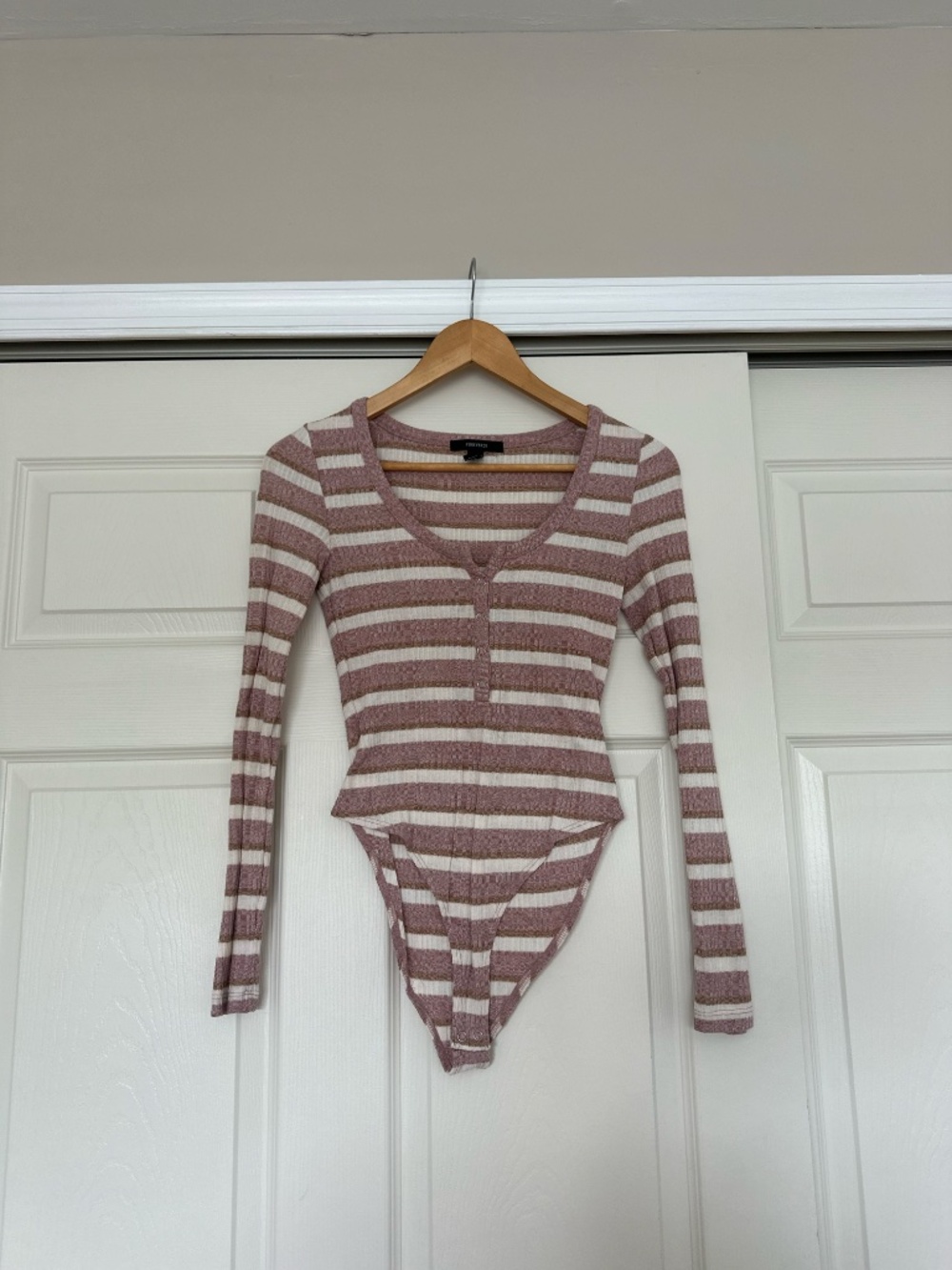 Forever 21 White, Pink & Cream Striped Long Sleeve Bodysuit